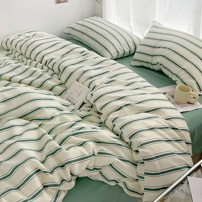 Simple Style Red And Blue Strip Duvet Cover Set Bed Sheet Set Washed Cotton Bedding Set