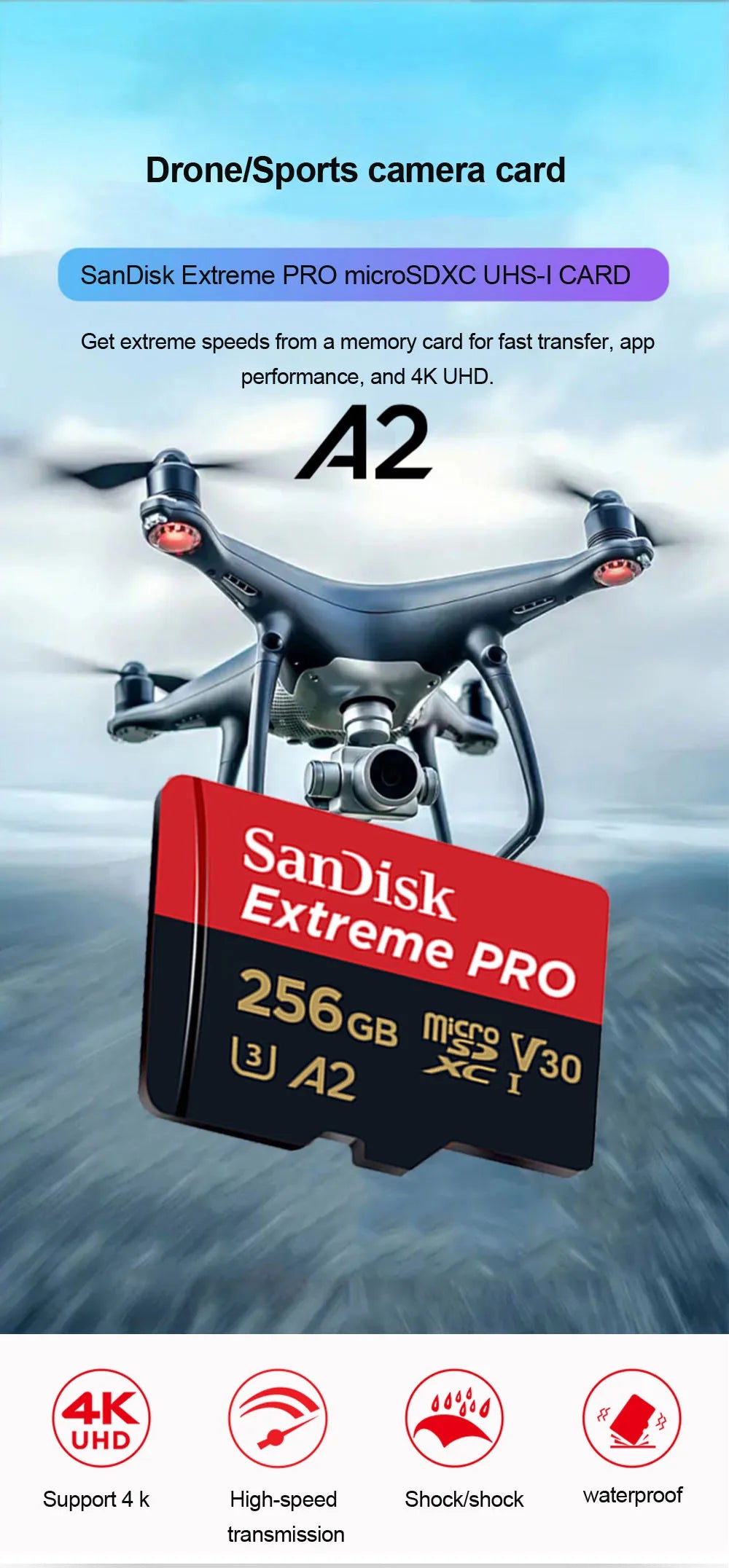 SanDisk Extreme PRO microSDXC UHS-I CARD 64GB 128G 256G 512GB 1TB Memory Card TF Card C10 V30 U3 4K UHD for action cameras drone