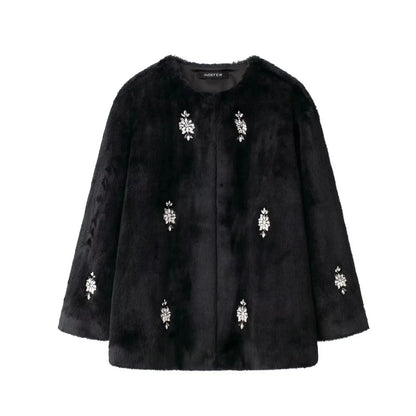SAW Independent Station Luxury Artificial Fur Jacket Women's Outerwear Crew Neck Short Coat Jewelry Decoration Winter Coat