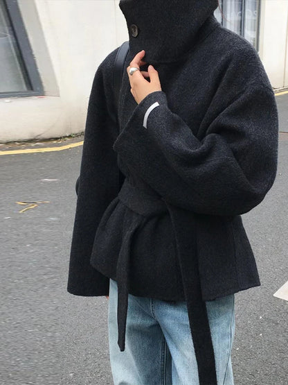 Elegant Women's Belt Stand Collar Woolen Coat Chic Single Breasted Full Sleeve Jacket 2025 Autumn Winter Lady Commute Streetwear