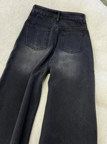 American High Street INS Trendy Wide Leg Jeans for Women Autumn Winter Plus Velvet Thick High Waist Loose Narrow Straight Pants