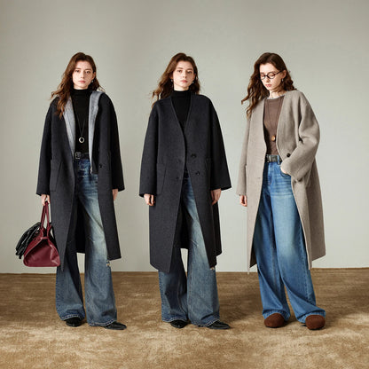 TOYOUTH Women Woolen Coat 2025 Winter New V Neck Mid Length Retro Female Overcoat Jacket Camel Black Gray
