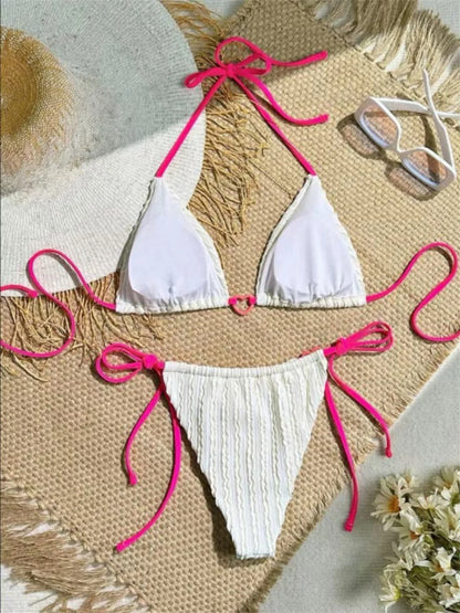 Sexy White Pink Contrast Triangle Bikini Women Heart Designer Push Up Micro Swimsuit Summer Bathing Suit Thong Swimwear 2025