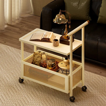 Wooden antique style coffee table, mobile coffee table, sofa side table, cart with pulley storage rack, rattan fence decoration