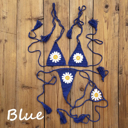 Hand crochet Cottom Thong String Daisy Applique Mini Bikini Swimwear Sunbathing Micro Swimwear
