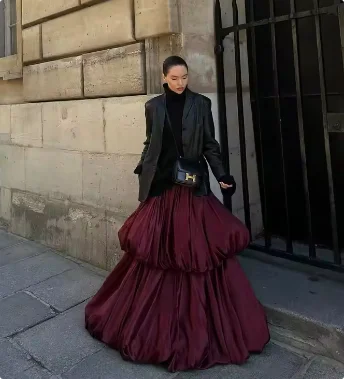 Burgundy Satin Lady Long Skirts Tiered Puffy Floor Length Lady A Line Skirt High Waist Women Formal Wear Girls  Skirt