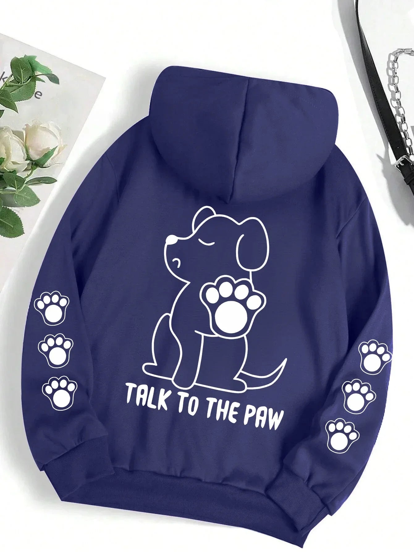 Talk To The Paw Funny Dog Cartoon Print Hoodie Women Warm Fleece Hoody Fashion Casual Hooded Autumn Loose Round Neck Woman Tops
