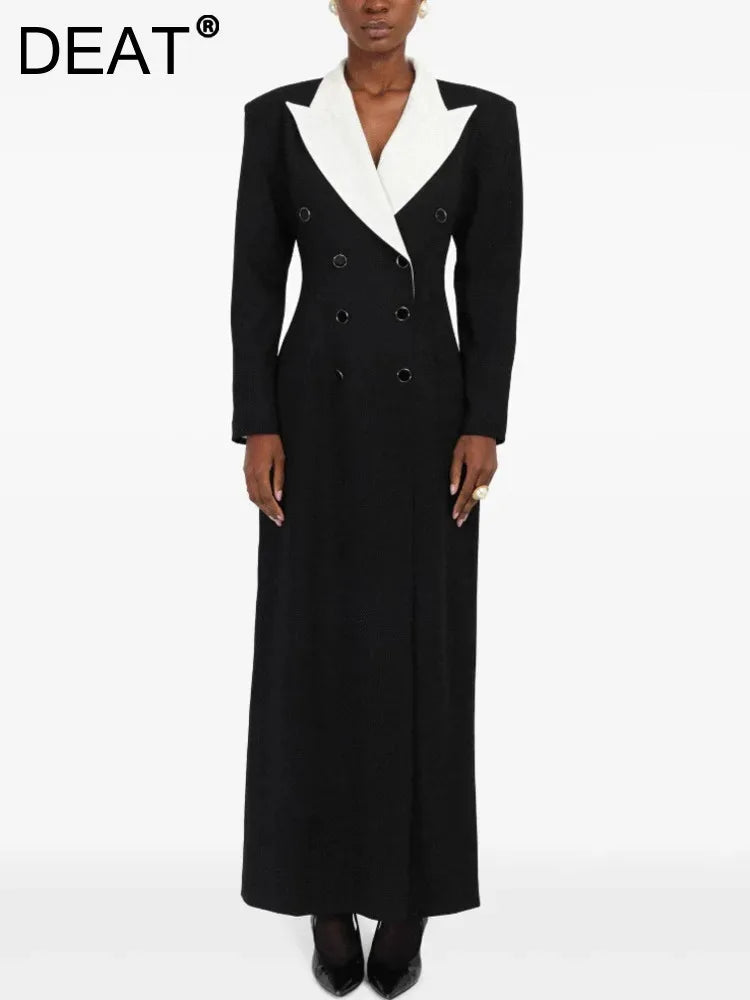 DEAT Fashion  Contract Color Lapel Long Blazer Women's  Double Breasted Retractoin Waist Slim Fit Suit Jacket Spring New 7AB6826
