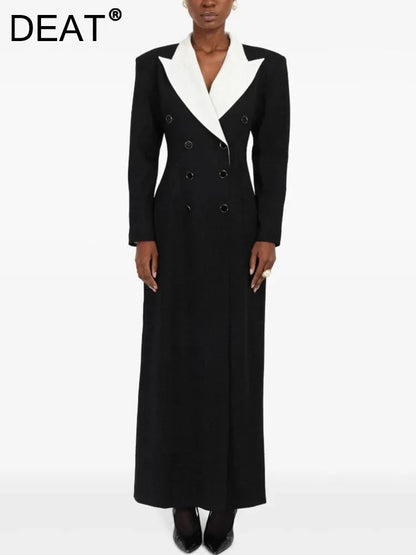 DEAT Fashion  Contract Color Lapel Long Blazer Women's  Double Breasted Retractoin Waist Slim Fit Suit Jacket Spring New 7AB6826