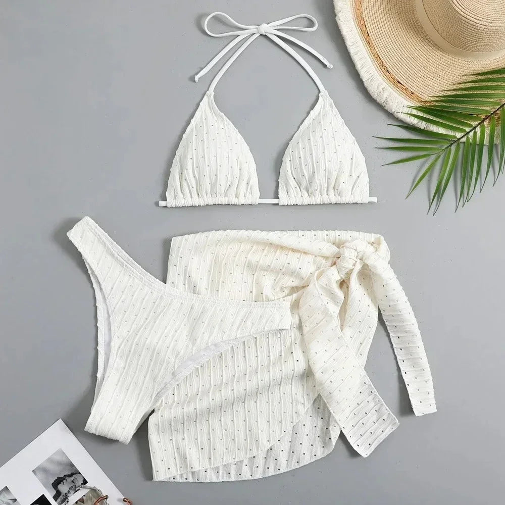 2025 Trendy Women's 3 Piece Halter Bikini Set Sexy Thong Swimsuit Summer Bathing Suit Cover Up Thong Swimwear Biquini Brasileiro