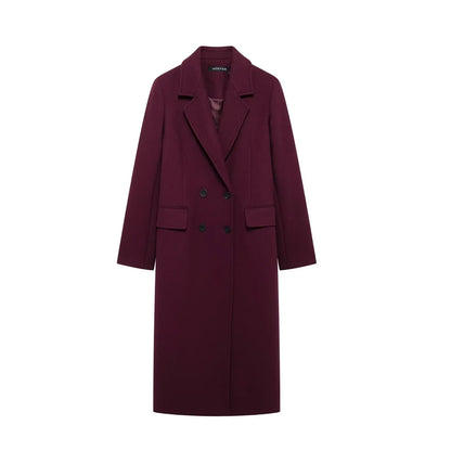 TRAFZA Women Elegant Burgundy Woolen Coat Double Breasted Turn Down Collar Windbreaker Jacket Fashion Lady High Street Outerwear