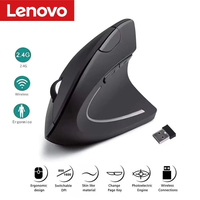 Lenovo Wireless Vertical Mouse 2.4G Bluetooth Wired Mouse Ergonomic Personalised Side Grip DPI Adjustable Mute Gaming Mouse