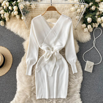YuooMuoo Women Dress 2025 Autumn Winter Elegant Sash Bandage Bodycon Mini Dress Chic Fashion Y2K Knitted Ladies Dresses Party