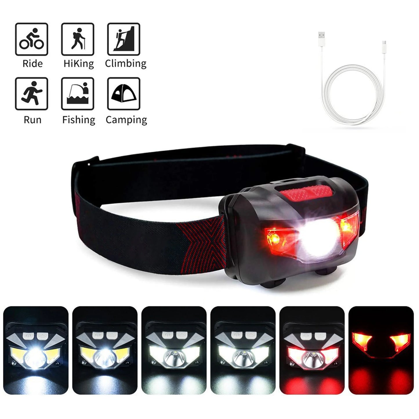 Lighting  LED Rechargeable Headlamp High Lumen Bright Head Lamp 6 Modes White Red Light Waterproof Forehead Flashlight