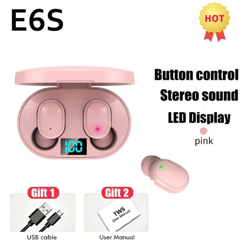 E6S TWS Wireless Bluetooth Earphones Digital Display Noise Cancelling Earbuds with Mic HiFi Stereo Sound Headset for Smartphones
