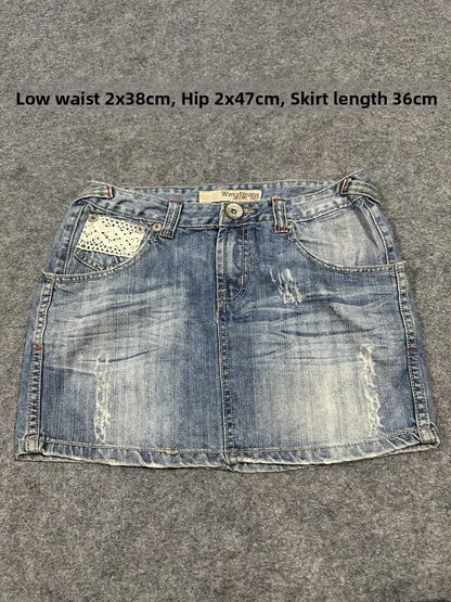 Sexy American Vintage Low Waist Denim  Skirt for Students Z4 Antiquing Y2K Trendy ort Skirt with Handmade Ripped And Fo...