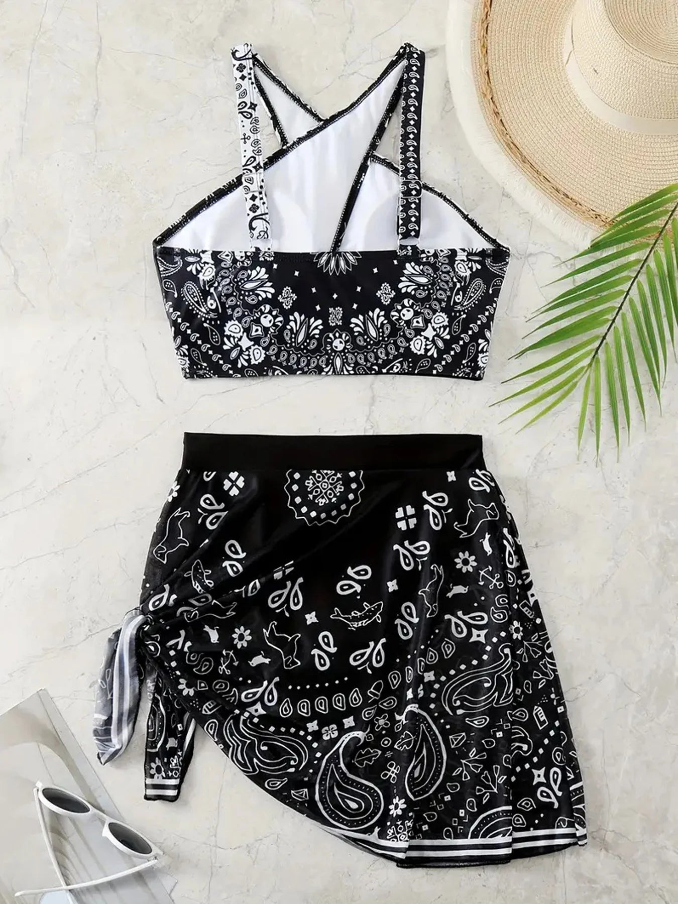 VigoCasey 2025 Print Hollow Cross Bikini Set Straps Tied Skirt Swimwear For Women Bsckless 2 Piece Beach Swimsuit Bathing Suit