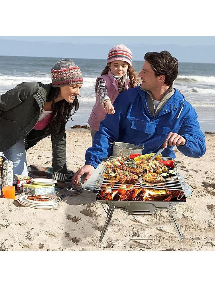 Portable Stainless Steel Foldable BBQ Grill, 1-2 People Charcoal Stove for Camping Picnic & Outdoor