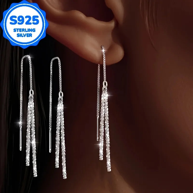 A pair of 2 pieces, women's fashionable hanging earrings, retro Bohemian style, hypoallergenic S925 silver, sparkling long ear l