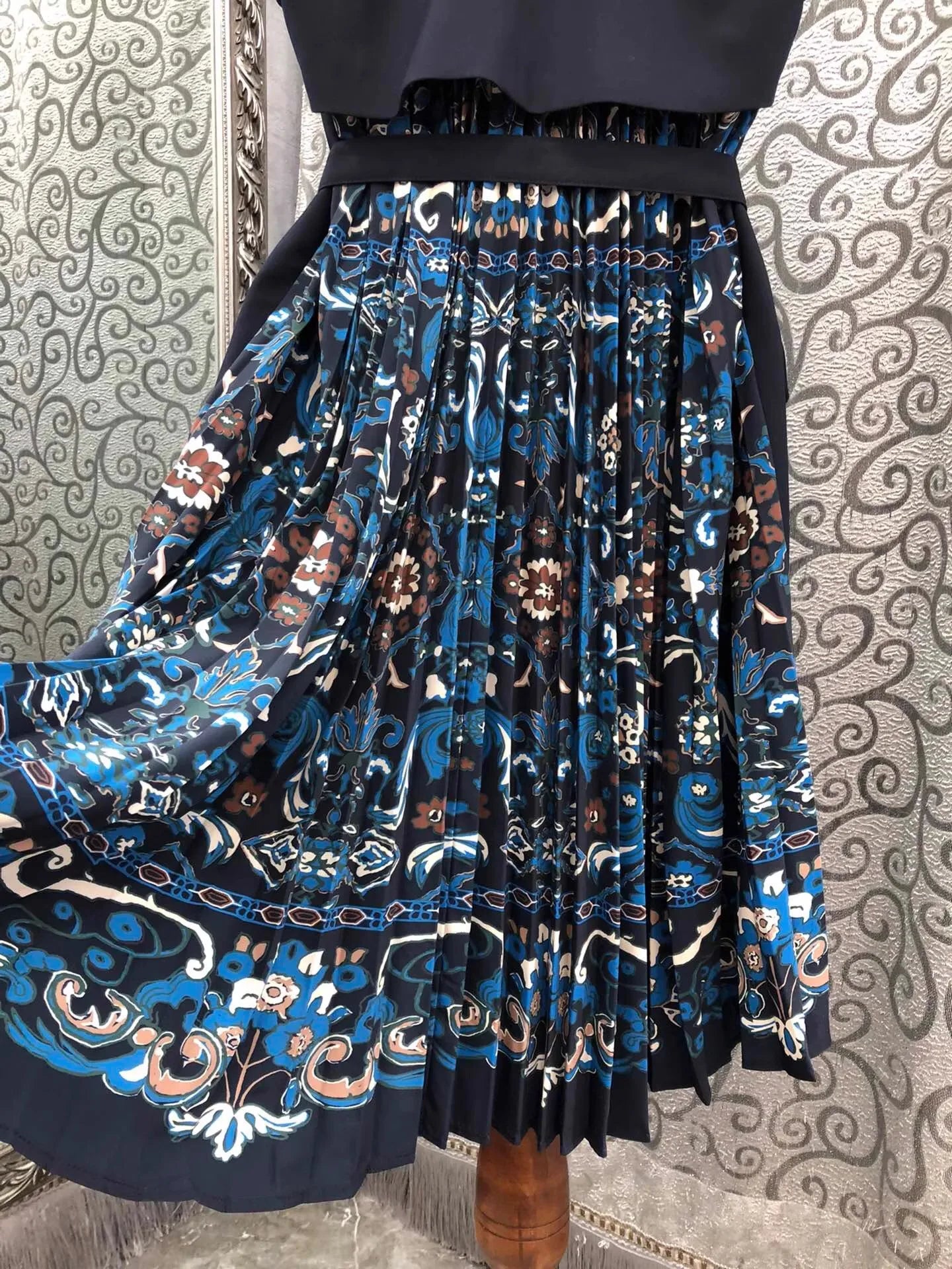 Top Quality New Blazer Dress 2025 Autumn Winter Women Notched Collar Vintage Floral Print Patchwork Belt Deco Dark Blue Dress