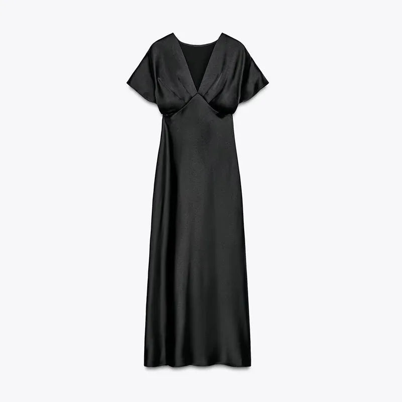 Elegant Satin Solid Long Dress Women V-neck Short Sleeve Pleated Slim High Waist Dresses 2025 Summer Lady Party Evening Robes