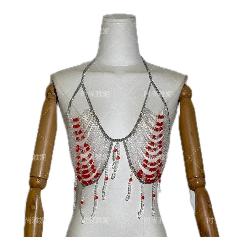 2025 New Women's Necklace Beaded Vest Hollow Out Top Jewelry Exaggerated Pearls Neck Bra Fashion Bra Women's Club Carnival