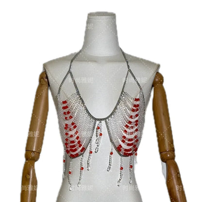 2025 New Women's Necklace Beaded Vest Hollow Out Top Jewelry Exaggerated Pearls Neck Bra Fashion Bra Women's Club Carnival