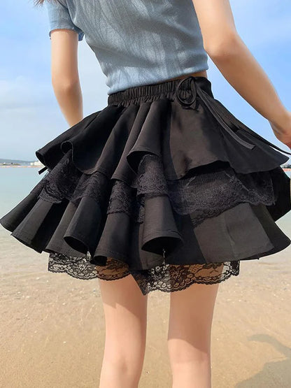 Black Patchwork Lace Short Women Cake Skirt With Lace Up High Waist Preppy Style Cute Ball Gown Kawaii Skirts Girls