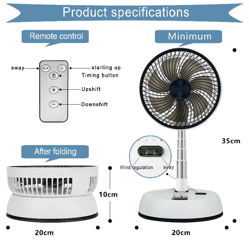 Portable Oscillating Standing Fan with Remote Controller Foldable Desk Fan Rechargeable Battery Powered Pedestal Fan for Camping