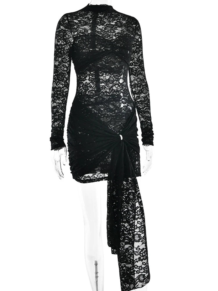 Beyprern Long Sleeve Hollow Out Sheer Lace Midnight Mini Dress Women See-Through Draped Tie-Front Overlay Club Dress Vestidos