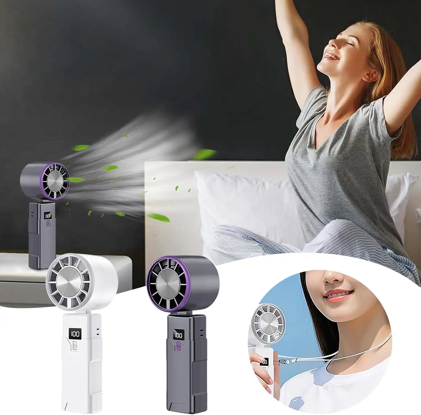 Portable Foldable Handheld Fan Desktop USB Rechargeable Fan For Travel, Real Time Display Power Cooling Mini Fan with Adjustable