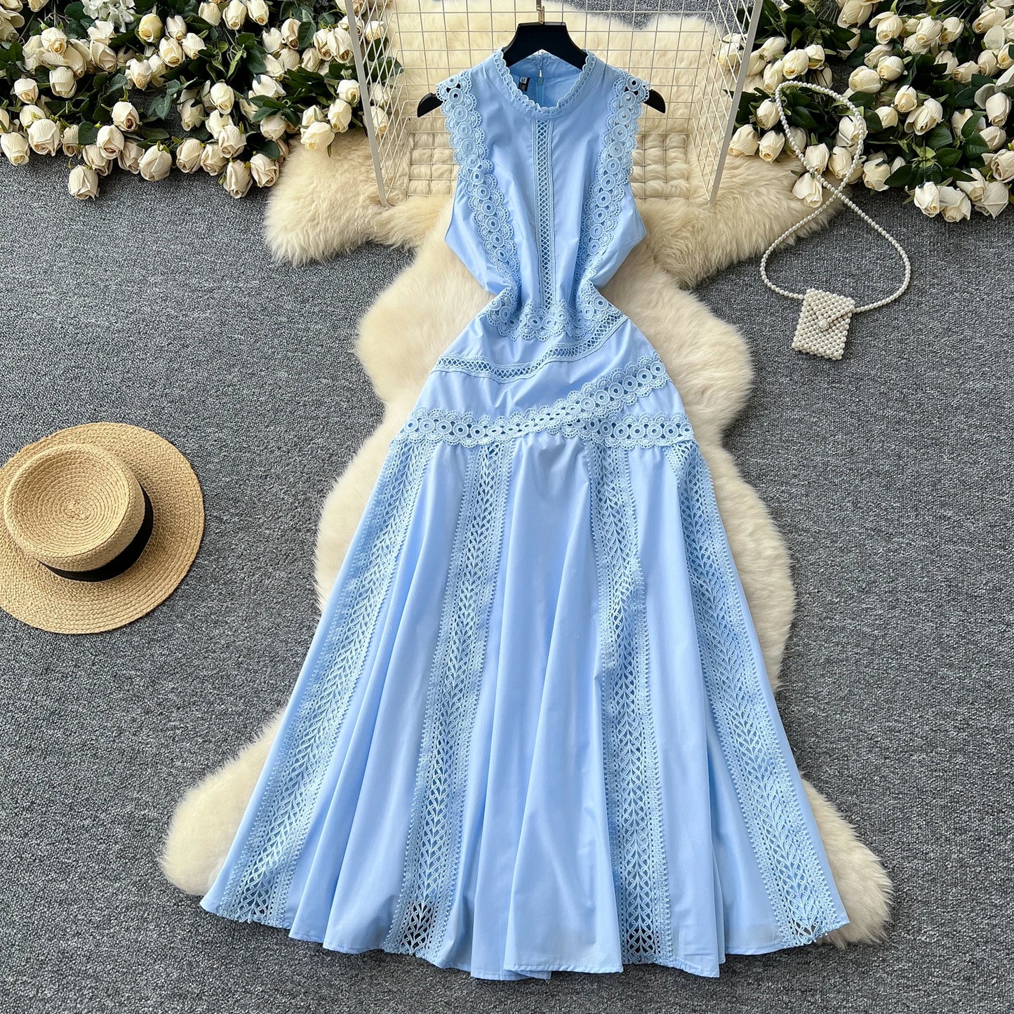 Elegant Women's Sleeveless midi dress Slim 2025 Summer Sky blue Lace patchwork dresses Luxury Black White Vestidos INKEO 5D069
