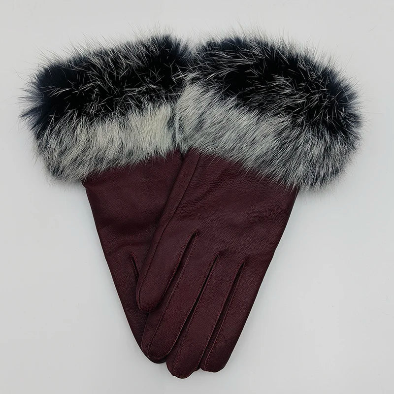 2025 Women Winter Warm Genuine Sheep Leather Glove With Real Fur Trimming Female Warm Real Leather Fur High Quality Mittens