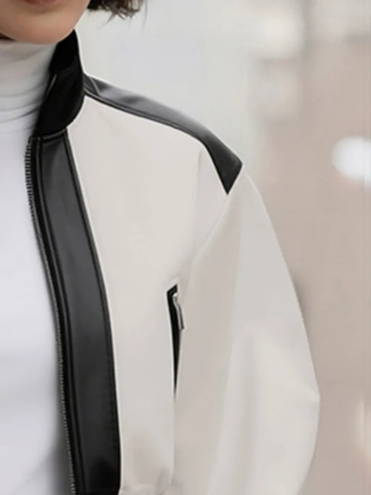 Yeezzi Women's PU Leather Stand Collar Y2K Jackets 2025 New Fashion Puff Sleeves Patchwork Zipper Cropped Short Outerwears