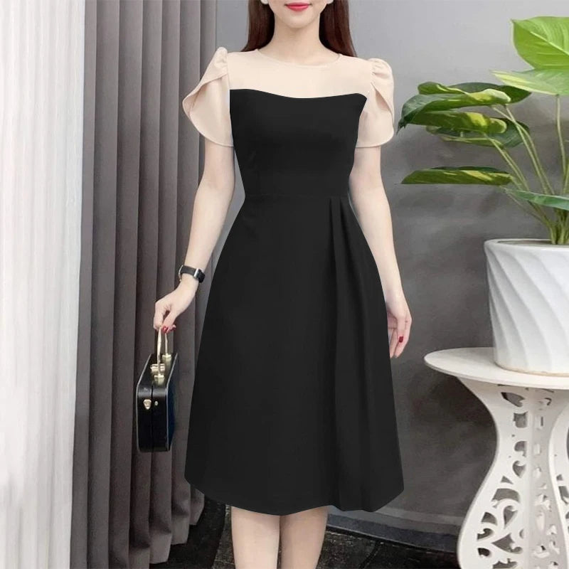 ZANZEA Elegant Women Waist Dress 2024 Summer Patchwork Round Neck Vestidos Fashion Petal Short Sleeves Dress Vintage Office Robe