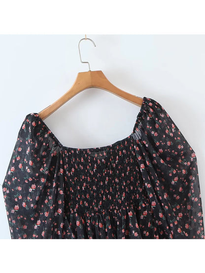 E 2022 Fashion Women Vintage Floral Print Chiffon Dress Sexy Semi-Sheer Long Sleeve Layered Ruffle Ladies Short Dress