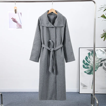 Retro Solid Stand Collar Long Tweed Coat Women 2025 Fashion Large Lapel Single Breasted Coats With Belt Lady Chic Street Outwear