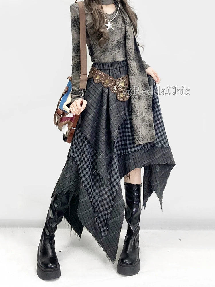 REDDACHiC Big Size Asymmetrical Plaid Skirt Retro Punk Raw Edge Irregular Patchwork Elastic Waist Long Skirt Women Acubi Fashion