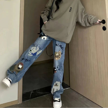 American Style Summer Jeans Women's High Waist Pockets Letter Printing Zipper Washing High Street Casual Wide Leg Straight Pants