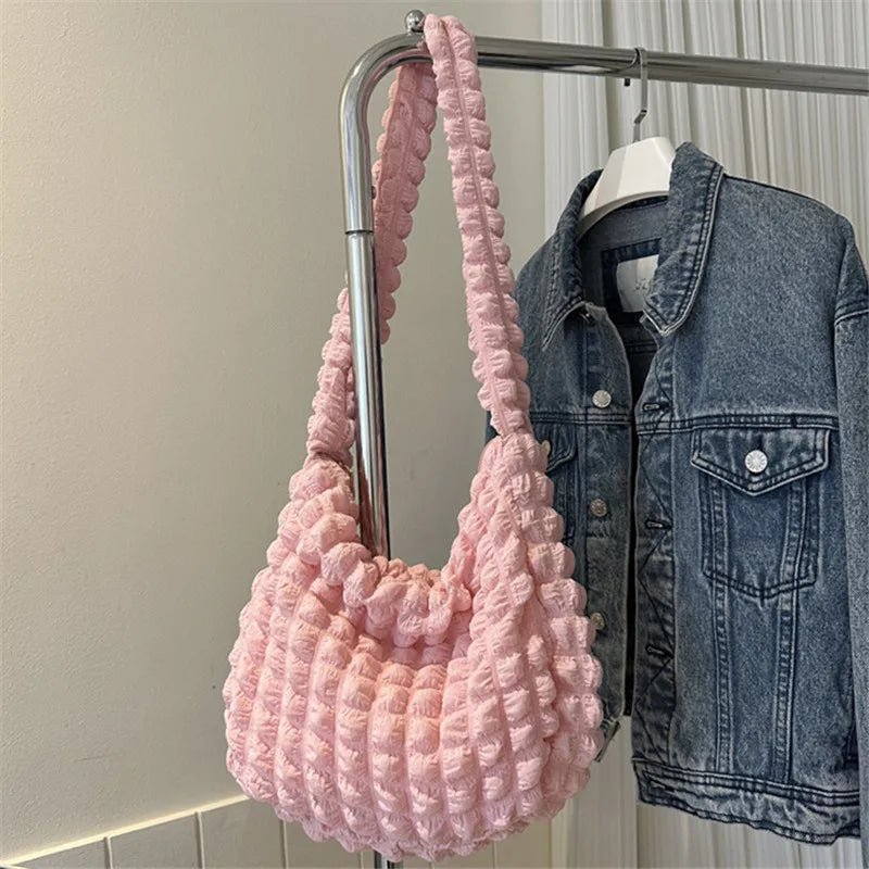 Crossbody Bag With Pleated Design Embroidered Plaid Shoulder Bag Underarm Bags Simple Large Capacity Quilted Tote Bags For Women