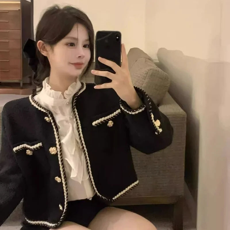 Smvp 2024 Autumn Winter New Elegant Black Coat Women Korean Thicken Warm Single Breasted Blazer Casual Short Outerwear Tops Lady