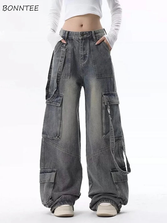 Cargo Jeans for Women Baggy High Street Chic All-match Daily Vintage Ins Waist Trousers Autumn Popular Multi-pockets Classic