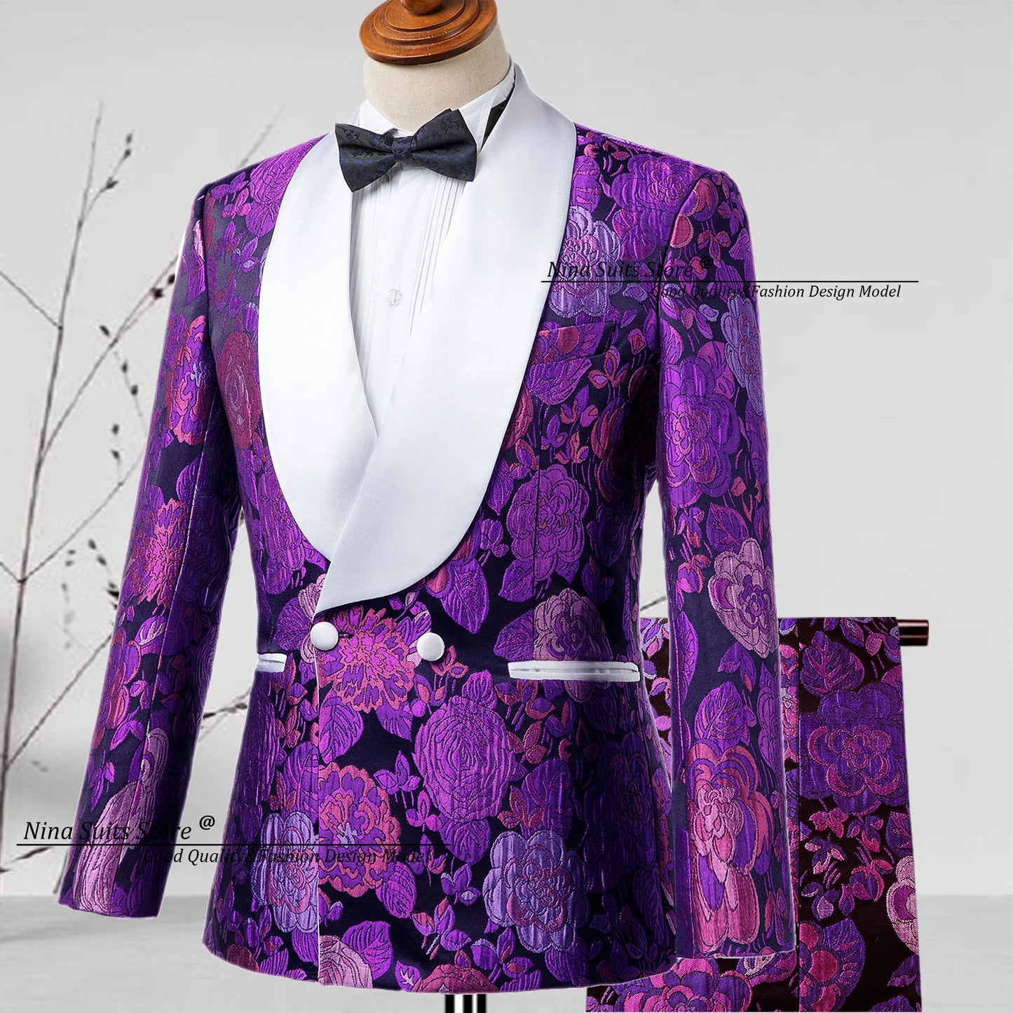 G&N 2025 New Jacquard Suit Men's 2-piece Formal Ball Performance Set Black Satin Collar Purple Rose Red Flower Pattern Costumes