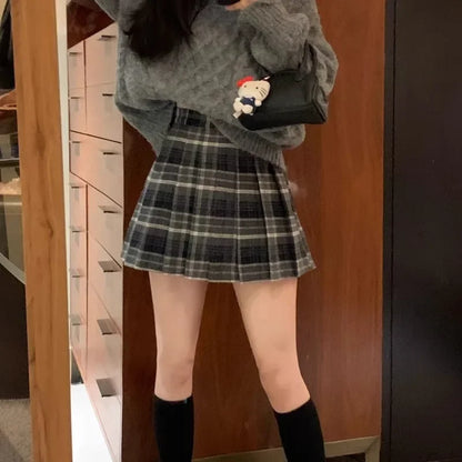 Retro Plaid Woolen Mini Skirt Women plus Size Spring Autumn Thickened Coffee Pleated Skirt Small Size High Waist A- Line Skirt