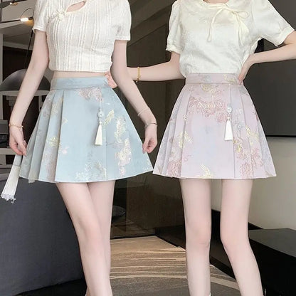 New Chinese Style Jacquard Embroidered Pleated Skirt for Women 2025SS High Waist Slim Anti-exposure A-line Girl Short Half Dress