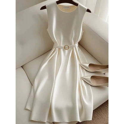 Summer New Elegant Office Lady Formal Dress Women's O-Neck Sleeveless Solid Color Celebrity Mini Party Vestidos With Belt 382P