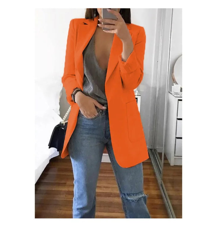 Autumn And Winter Women's Fashion Solid Color Polo Neck Slim Fit Coat Elegant Women's Long Sleeve Pocket Casual Suit Coat S-3XL