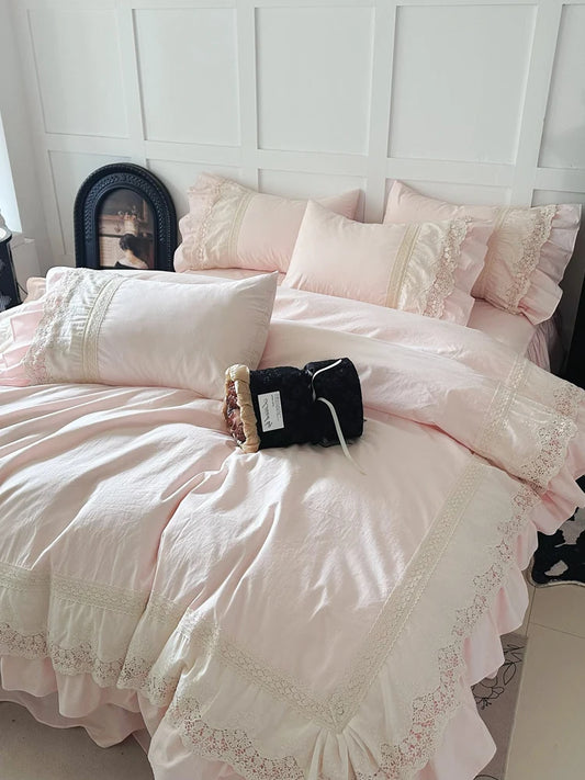 Princ Sle Pure Cotton Pink Bedding Set with Lace s Waed Cotton Duvet Cover eet And Bed Skirt Four Piece Set