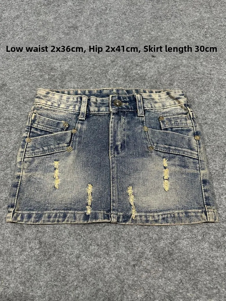 Sexy American Vintage Low Waist Denim  Skirt for Students Z4 Antiquing Y2K Trendy ort Skirt with Handmade Ripped And Fo...