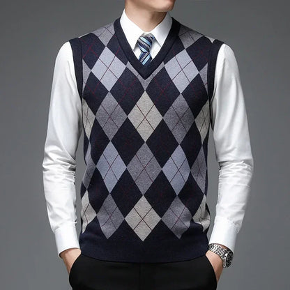 New  Men's Casual Knitted Wool Sweater Vest V-neck Knit Pullover Jacquard Plaid Sleeveless Tops Business Office Men's Vest